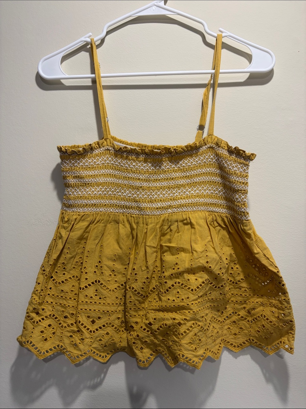 Forever 21 Mustard Yellow Eyelet Smocked Cami Top